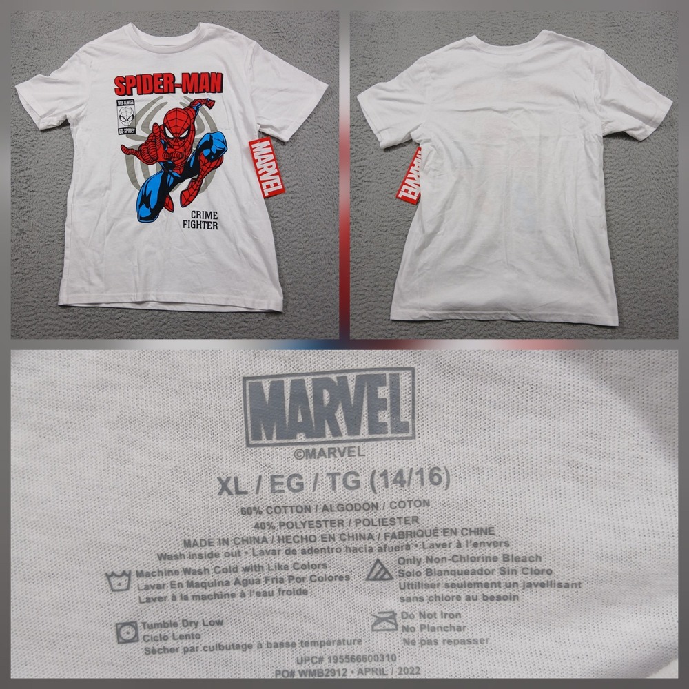 Marvel Spider-Man Graphic Tee Boys XL 14–16 White Crime‎ Fighter NWT